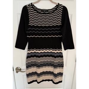 Nine West Chevron Knit Sweater Dress Size M Black Beige Zigzag 3/4 Sleeve